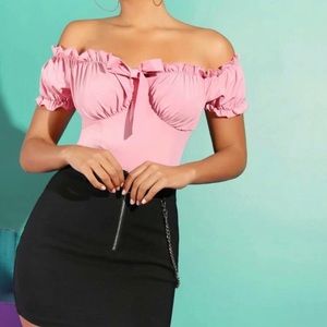 Pink Off Shoulder Frill Trim Bow Front